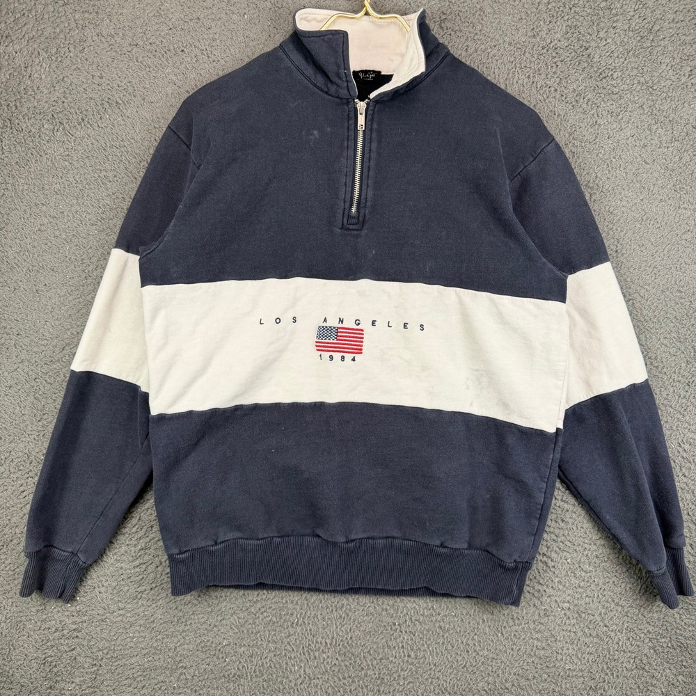 John Galt Los Angeles 1984 Quarter Zip Pullover Navy Blue White Mens Oversized